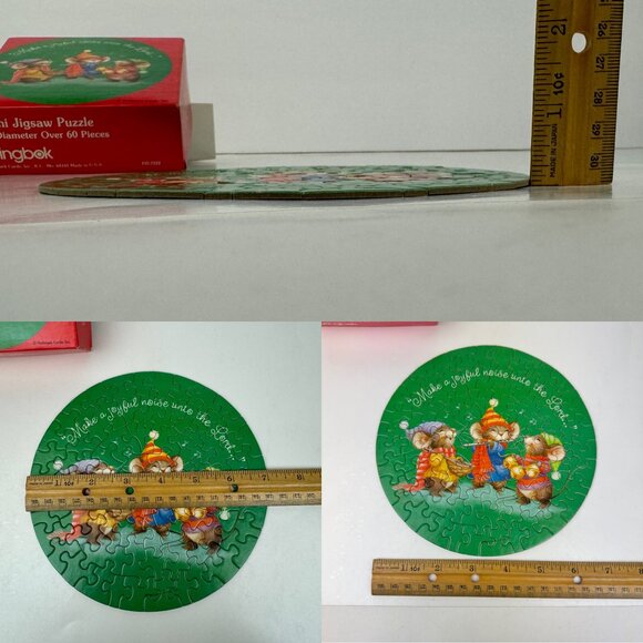 Vtg Christmas Holiday Mice Green Springbok Hallmark 7in Round Cardboard Puzzle - Picture 2 of 14